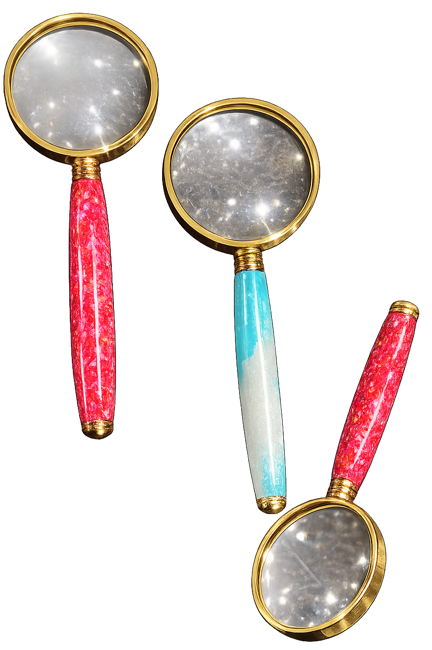 Three magnifying glasses with gold-rimmed frames and handles in pink marbled resin, clear resin with light blue swirls, and pink marbled resin, shown on a plain white background.